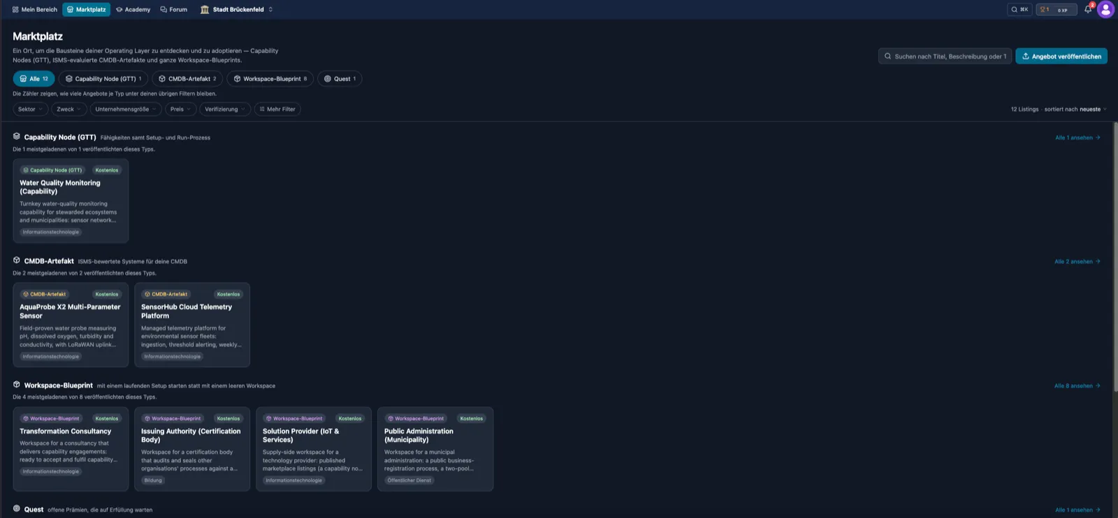 ProcesOS marketplace — capability nodes, CMDB artefacts, workspace blueprints and quests offered between workspaces